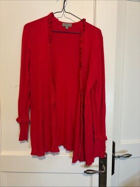 Joseph A. Red Open-Front Ruffle Cardigan Sweater with Pearl Button Cuffs👵MT